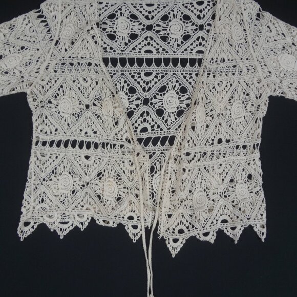 CROCHET 3/4 SLEEVE OPEN FRONT WOMENS BLOUSE OFF WHITE MEDIUM L239 - Picture 4 of 7
